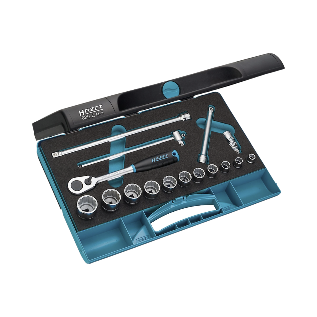 [880ZN-1] Hazet Socket Set 16 Pieces 8-22 ∙ 3/8 Inch Square ∙ Hollow Outside 12 Point Traction Profile 