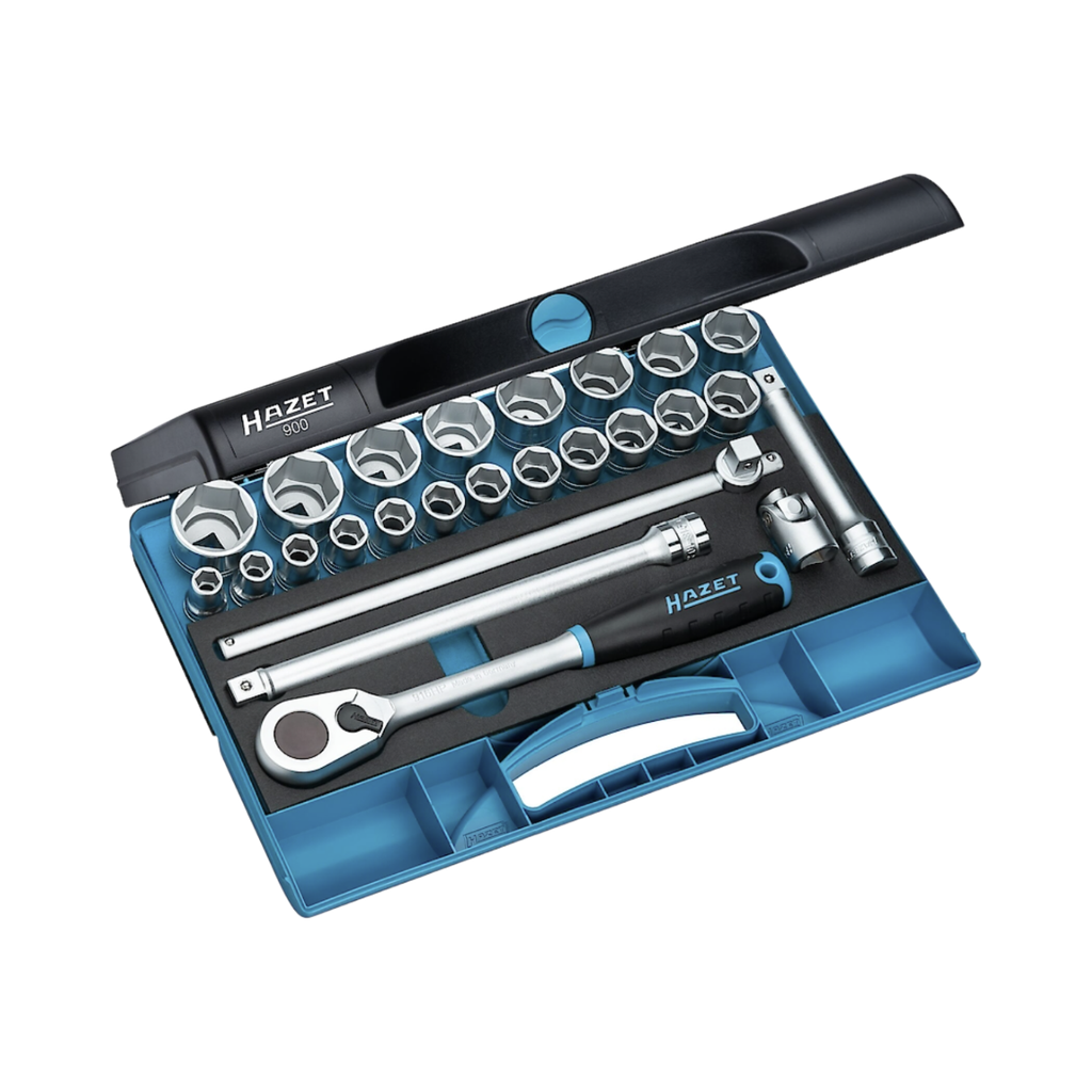 [900] Hazet Socket Set 25 Pieces 10-32 ∙ 1/2 Inch Square ∙ Hollow Outside Hexagon Traction Profile 