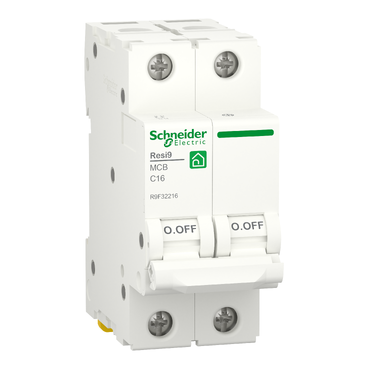 Schneider Electric Miniature Circuit Breaker (MCB), Resi9, 2P, 16A, C Curve, 4500A (IEC/EN 60898-1) 