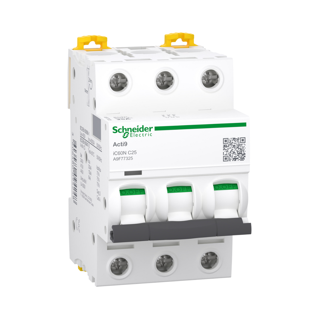 Schneider Electric Miniature Circuit-Breaker, Acti9 iC60N, 3P, 25 A, C Curve, 6000 A (IEC 60898-1), 10 kA (IEC 60947-2) 