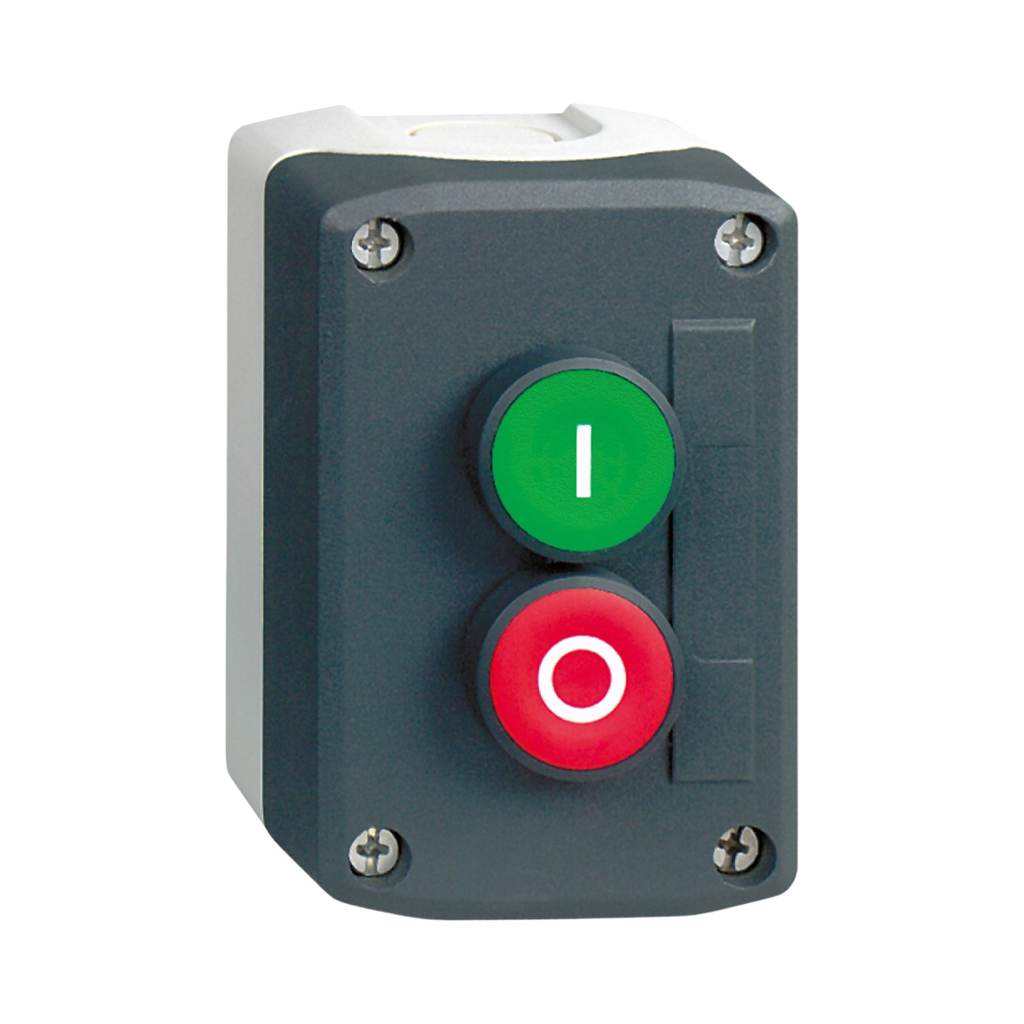 [XALD213] Schneider Electric Control Station, Plastic, Dark Grey lid, 2 Flush Push Buttons Ø22, Marked I O, 1 NO + 1 NC 