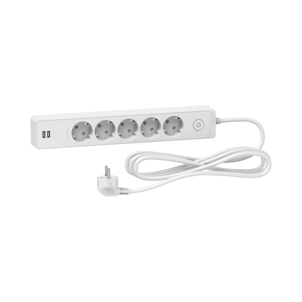 Schneider Electric Trailing lead, Unica Extend, 5 Schuko, Swicthable, USB Type A+A, 3m Cable, White 