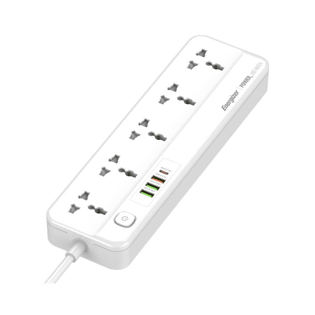 Energizer Max Power Strip 10A With Smart Overload Protection Surge 5Output And 3 Ports QC USB A And PD20w/2500w 