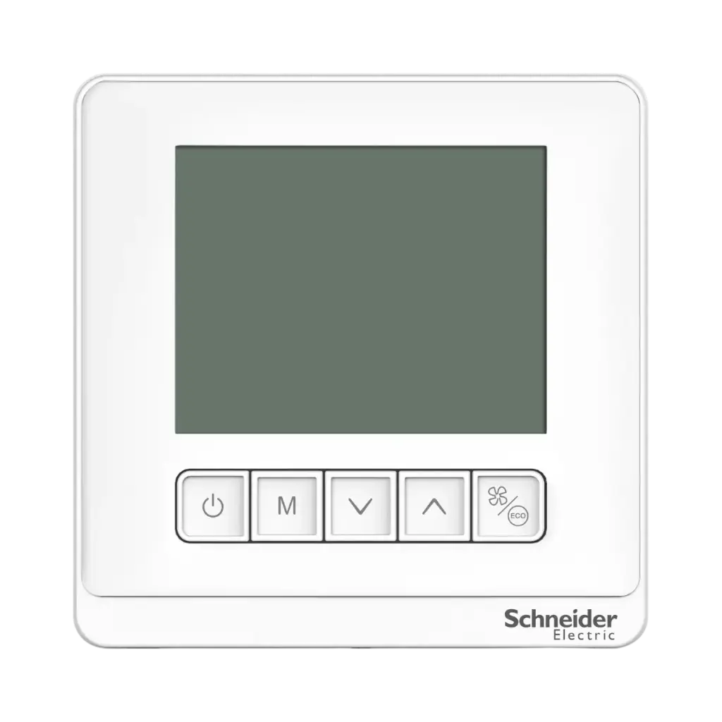 Schneider Electric Thermostat, Spacelogic, Fan Coil Proportional, Networking, LCD 5 Button, 4P, 3 Fan, Modbus, External Sensor, 24V, White 