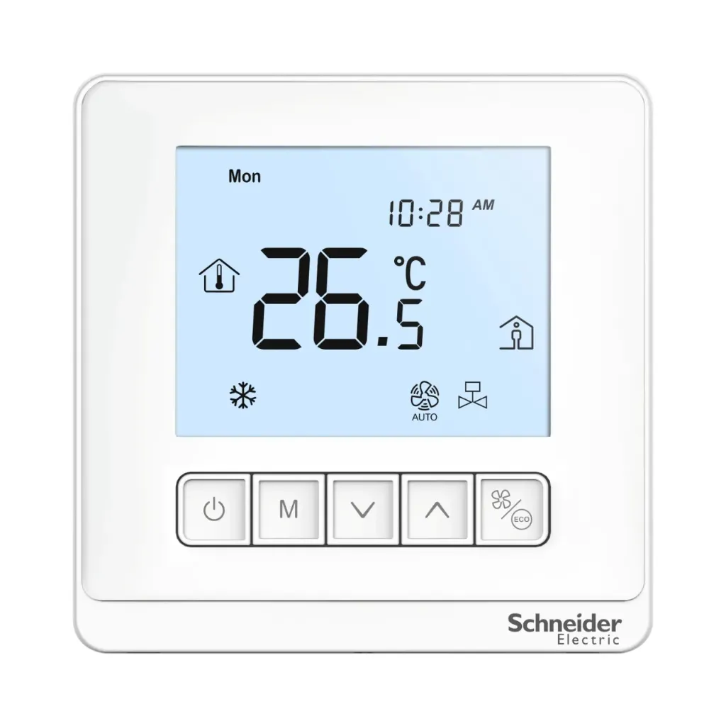 [TC903-3A4DPMSA-24] Schneider Electric Thermostat, Spacelogic, Fan Coil Proportional, Networking, LCD 5 Button, 4P, 3 Fan, Modbus, External Sensor, 24V, White 