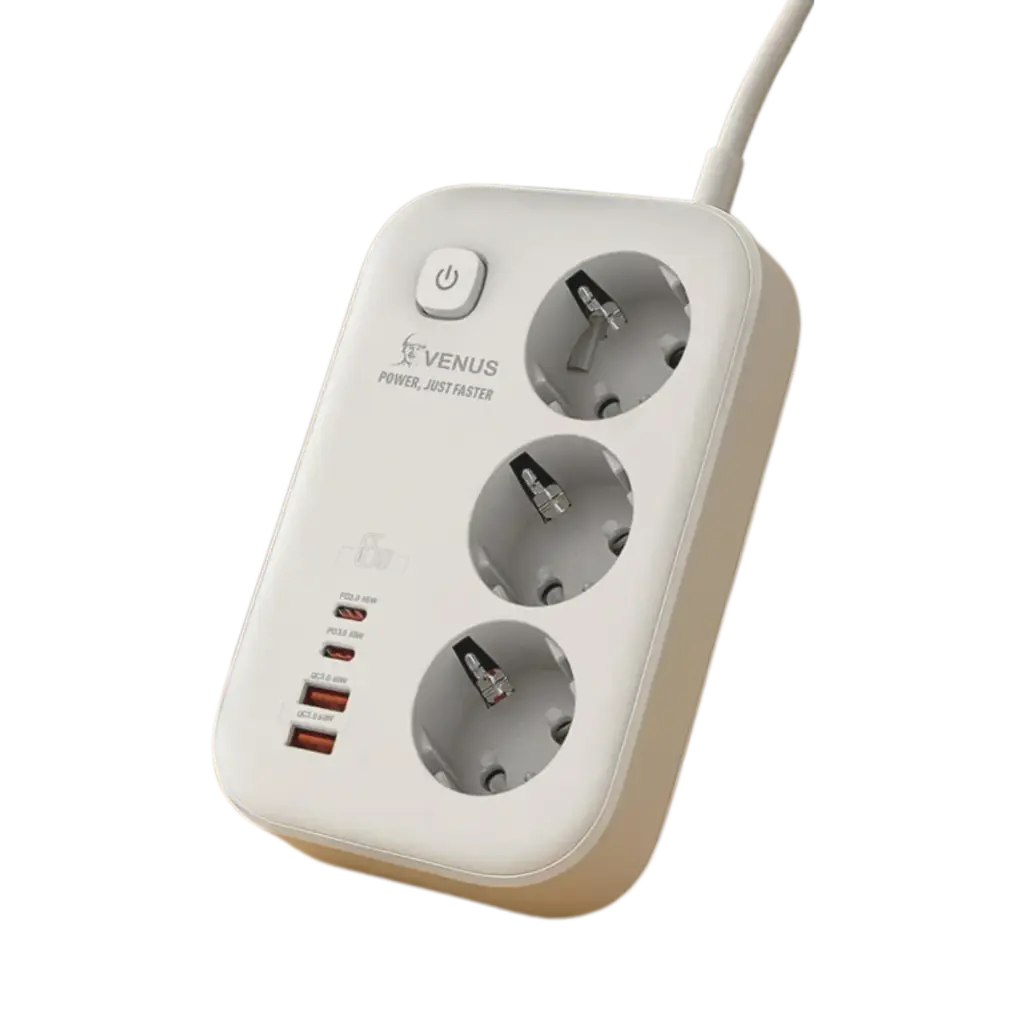 [400180] Venus 3 Way Extension Lead 65w + 4 USB Ports Type A and C With Safety Switch and 2 Meters Cable 