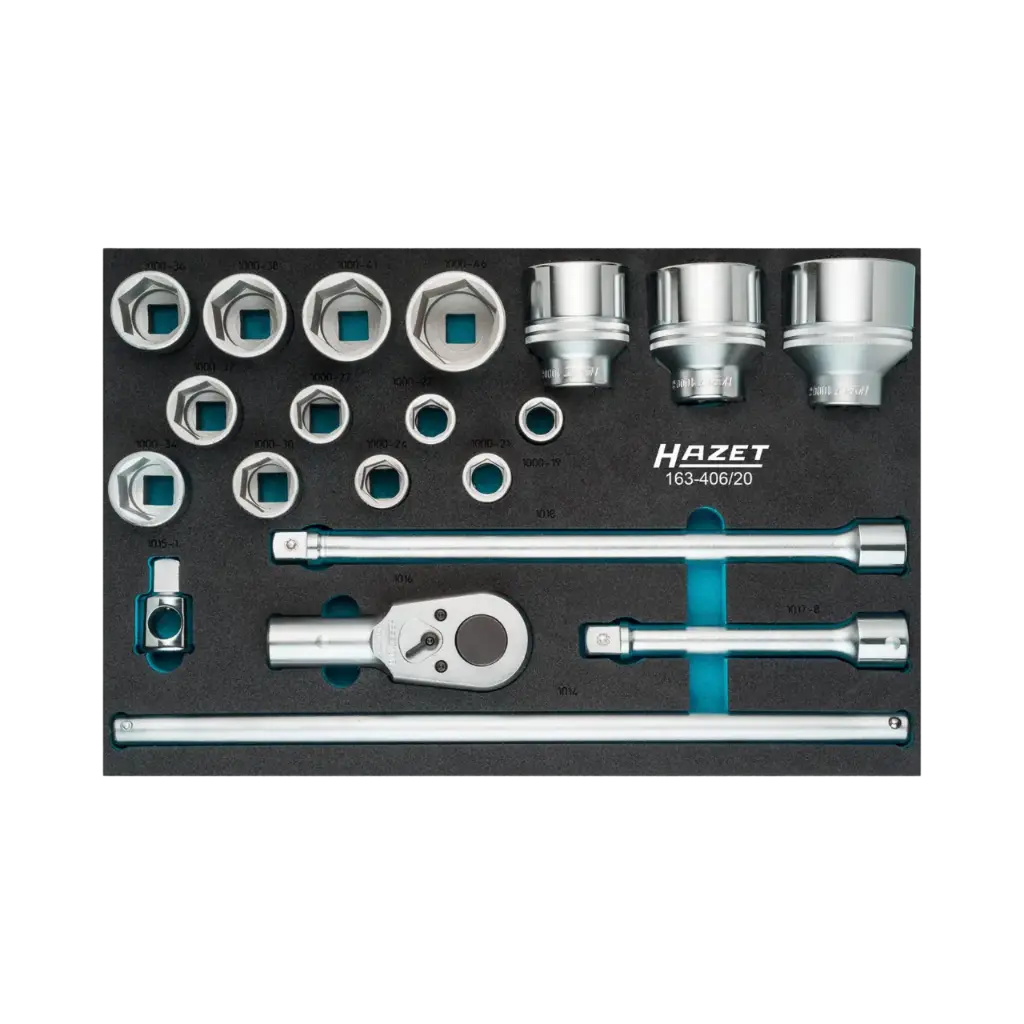 [163-406/20] Hazet Socket Set 3/3, 20-Pieces 19-60, 3/4 inch Square Hollow Outside Hexagon Profile 