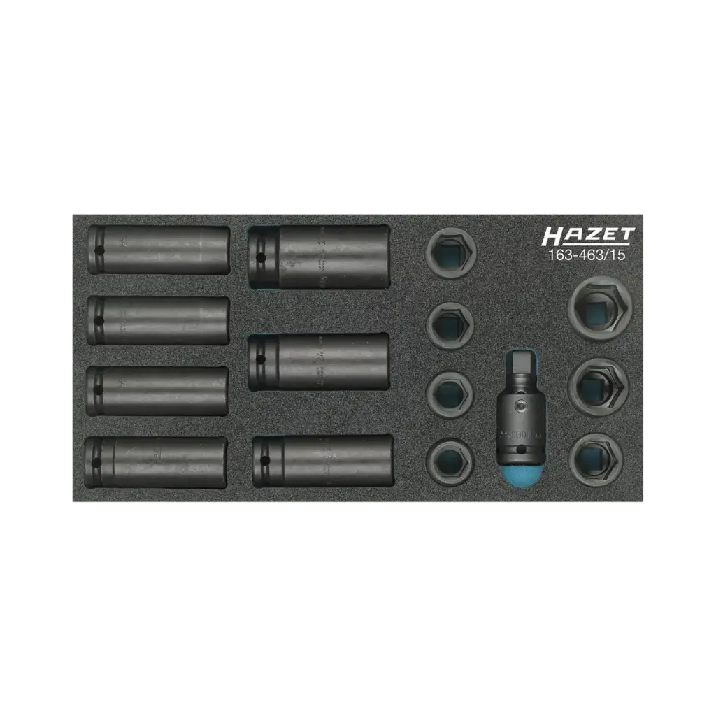 [163-463/15] Hazet Impact Socket Set 1/3, 15-Pieces, 17-27, 1/2 Inch Square Hollow, Outside Hexagon Traction Profile
