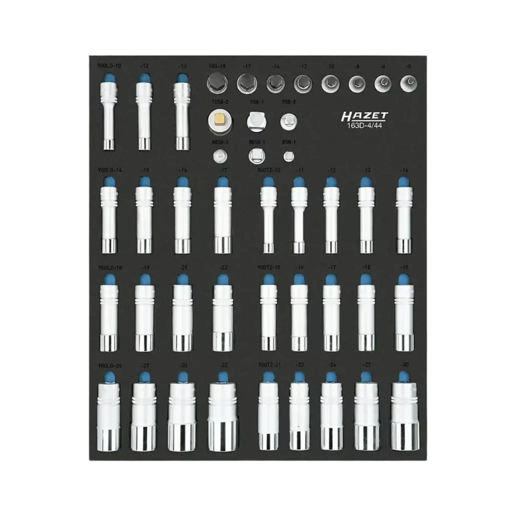 [163D-4/44] Hazet Socket set 1/2++ 44-Pieces, 5-32, 1/2 Inch Square, Hollow, Inside Hexagon Profile, Outside Hexagon Traction Profile, Outside 12-Point Traction Profile
