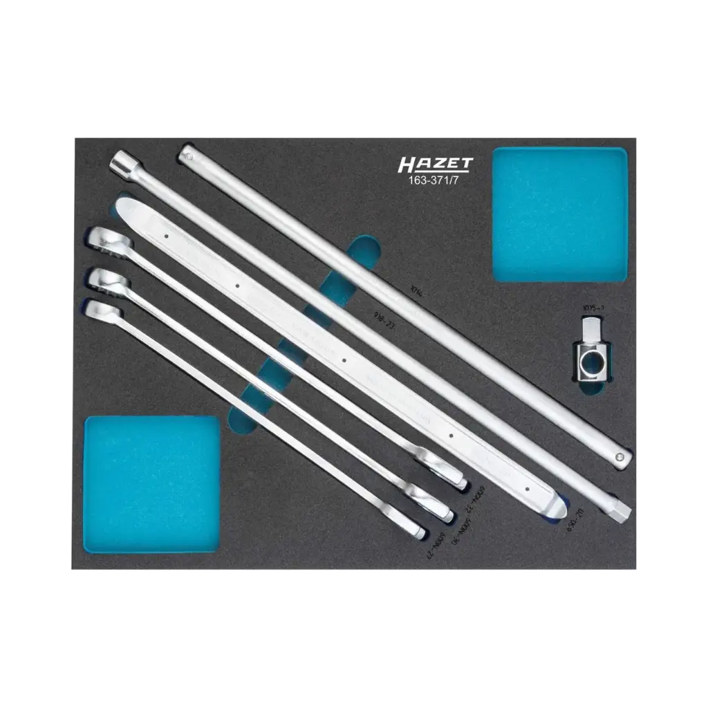 [163-371/7] Hazet Tool Set 3/3+ 7-Pieces ∙ 27 ∙ 30 ∙ 32 ∙ Outside 12-Point Traction Profile, Outside Hexagon Profile, 1/2 Inch Square, Solid - 3/4 Inch Square, solid
