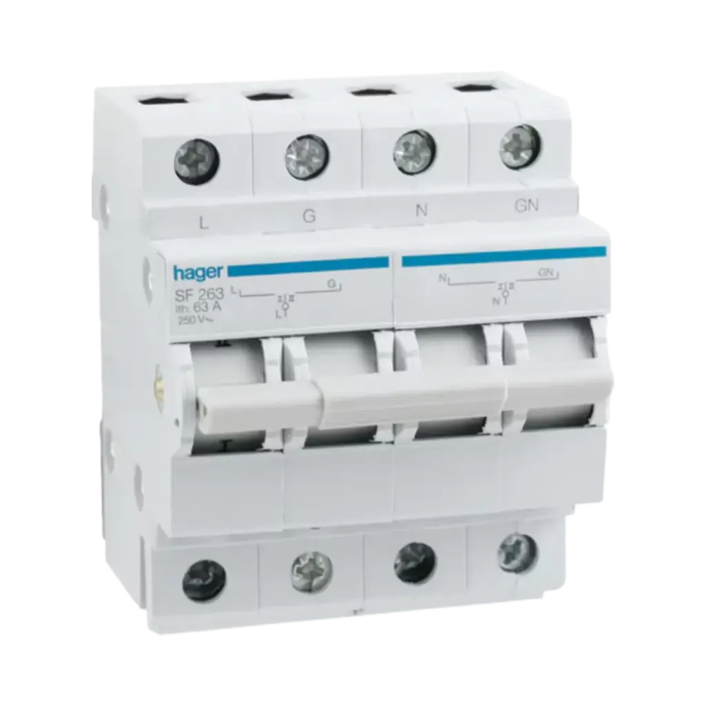 Hager Centre Off Modular Changeover Switch with Top Common Point 2 Poles 63A