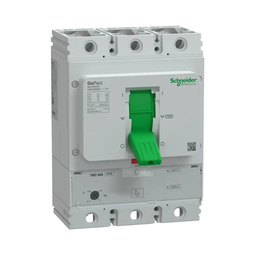 Schneider Electric Circuit Breaker, GoPact MCCB 800, 3 Poles, 50kA at 415VAC, 630A Rating, TMD Trip Unit, Adjustable Thermal Protection 
