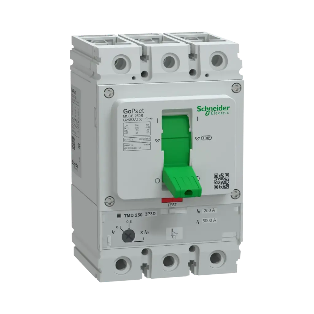 Schneider Electric Circuit Breaker, GoPact MCCB 250, 3 Poles, 25kA at 415VAC, 250A Rating, TMD Trip Unit, Adjustable Thermal Protection 