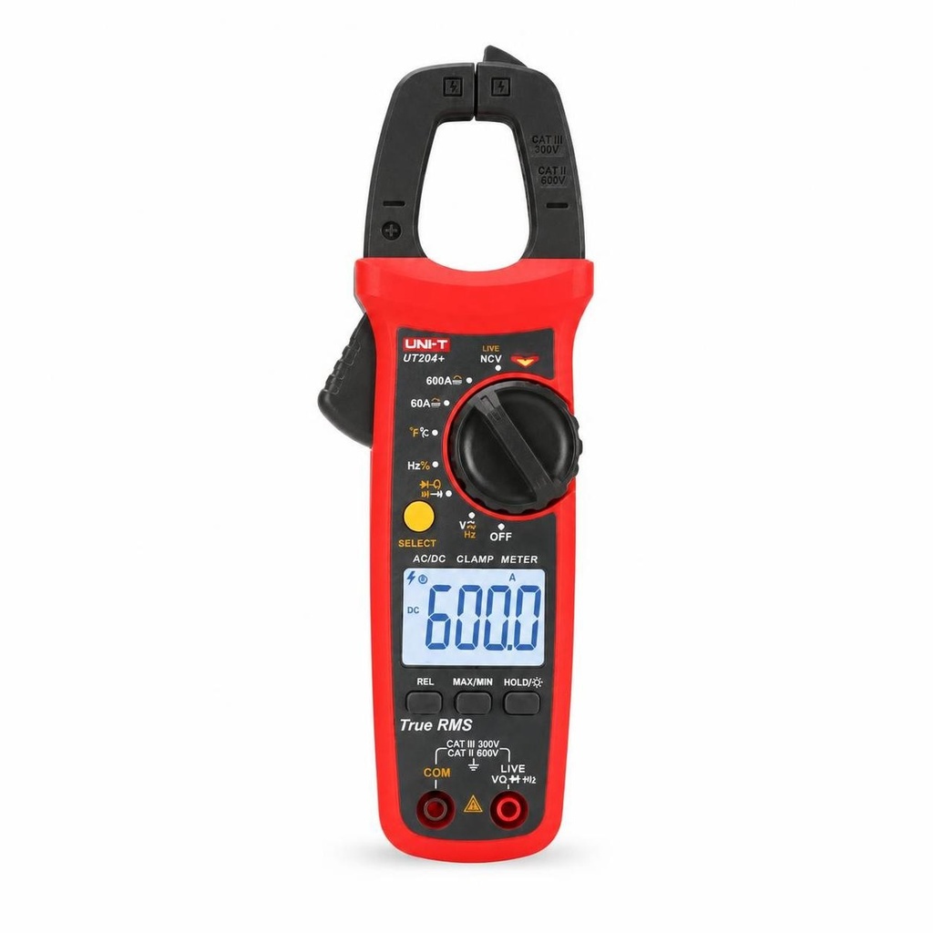 [UT204+] Uni-T Digital Clamp Meter 600A AC/DC True RMS, Neutral/Live Wire Test, Resistance, Capacitance and Temperature UT204+