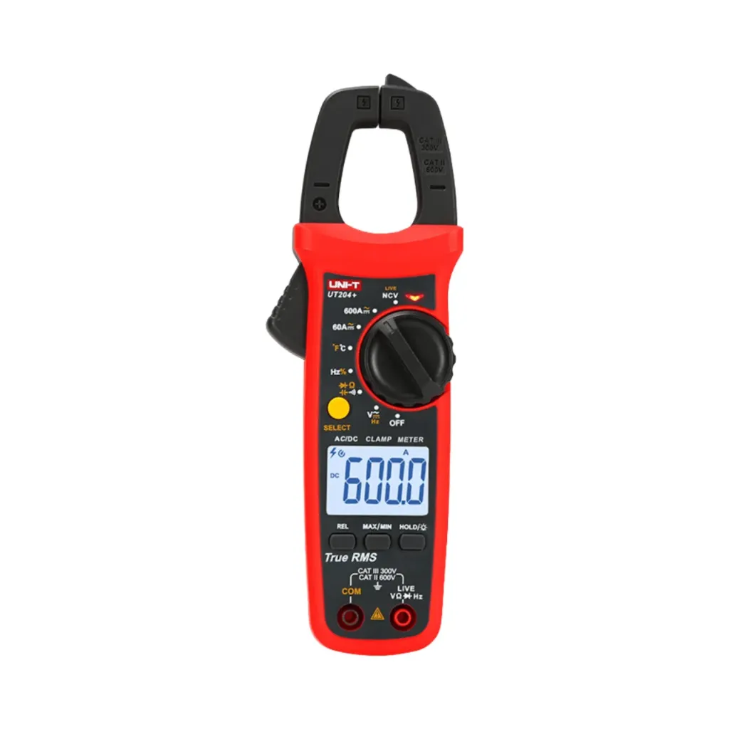 Uni-T Digital Clamp Meter 600A AC/DC True RMS, Neutral/Live Wire Test, Resistance, Capacitance and Temperature UT204+
