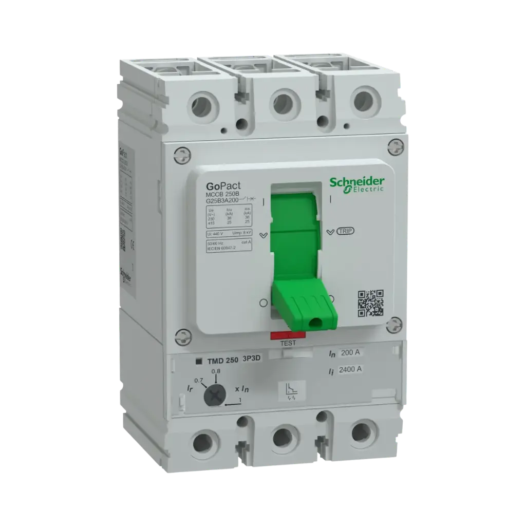 Schneider Electric Circuit Breaker, GoPact MCCB 250, 3 Poles, 25kA at 415VAC, 200A Rating, TMD Trip Unit, Adjustable Thermal Protection 