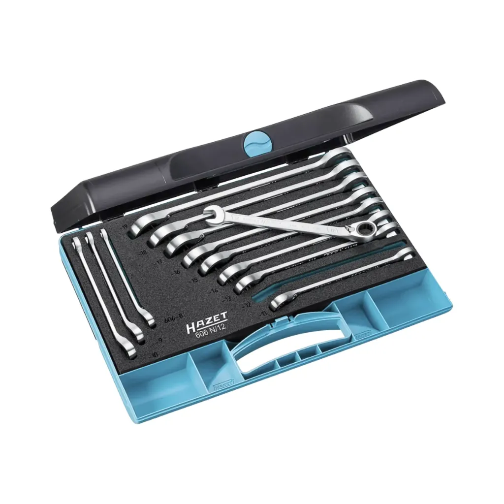 [606N/12] Hazet Ratcheting Combination Wrench Set 12 pieces 8-19, Outside 12-Point Traction Profile 606N/12