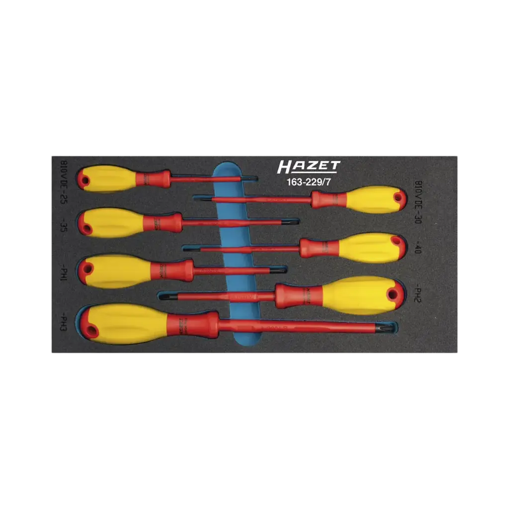 [163-229/7] Hazet Screwdriver Set With Protective Insulation 1/3 ∙ 7-Pieces 0.4 x 2.5 – 0.8 x 4 ∙ PH1 – PH3 ∙ Cross Recess Profile PH ∙ Slot Profile