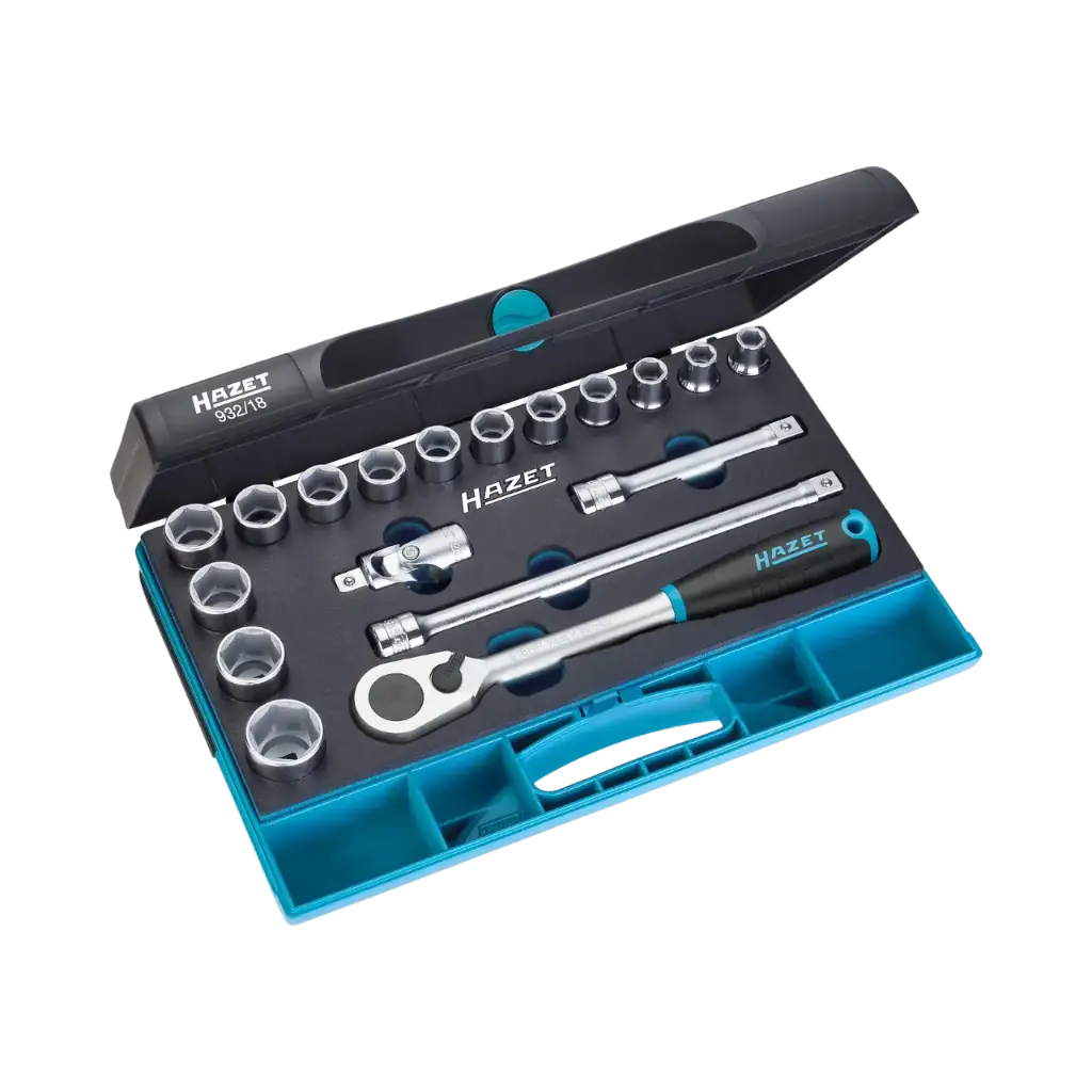 [932/18] Hazet Socket Set 18-pieces 10-27,1/2 Inch Square Hollow Outside Hexagon Traction Profile