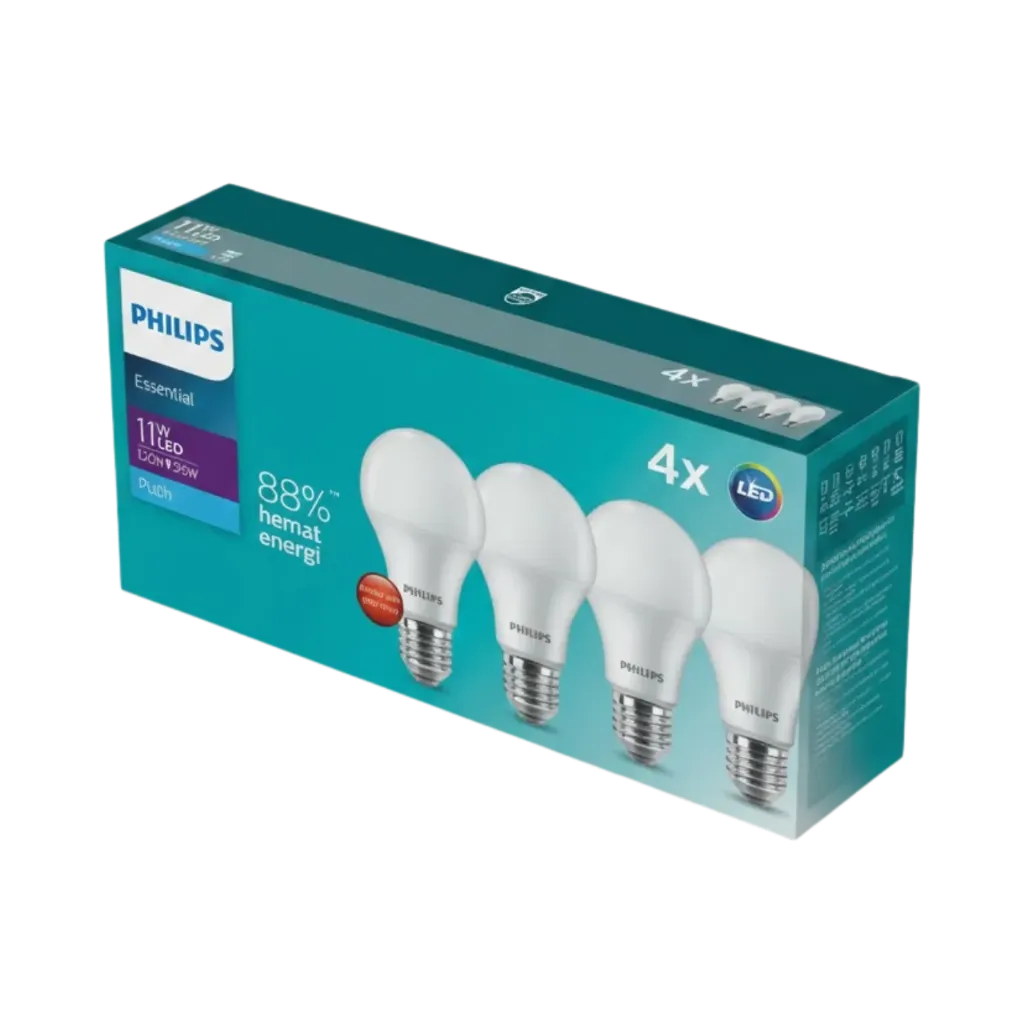 Philips Led Bulb 11w, E27 - Pack Of 4 Pieces (Warm)