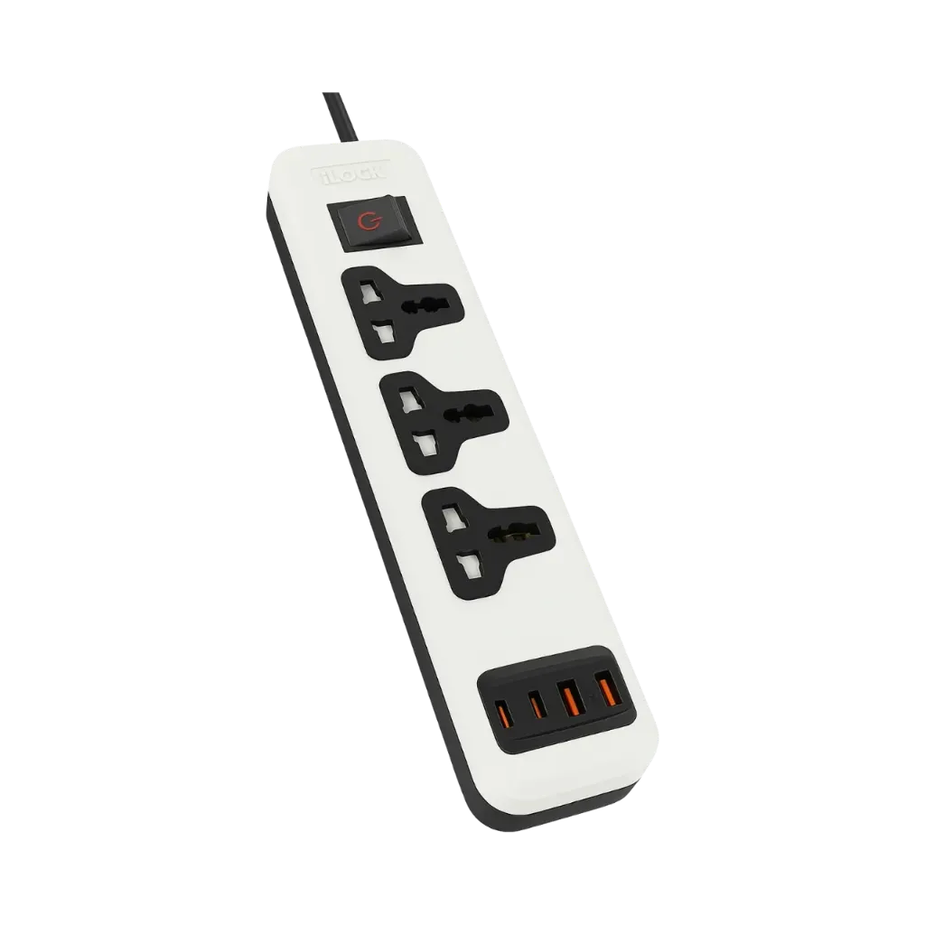 iLock Universal Power Strip with 3 Outlets & 4 USB Ports (2 USB-C + 2 USB-A) | Fast Charging | 2m
