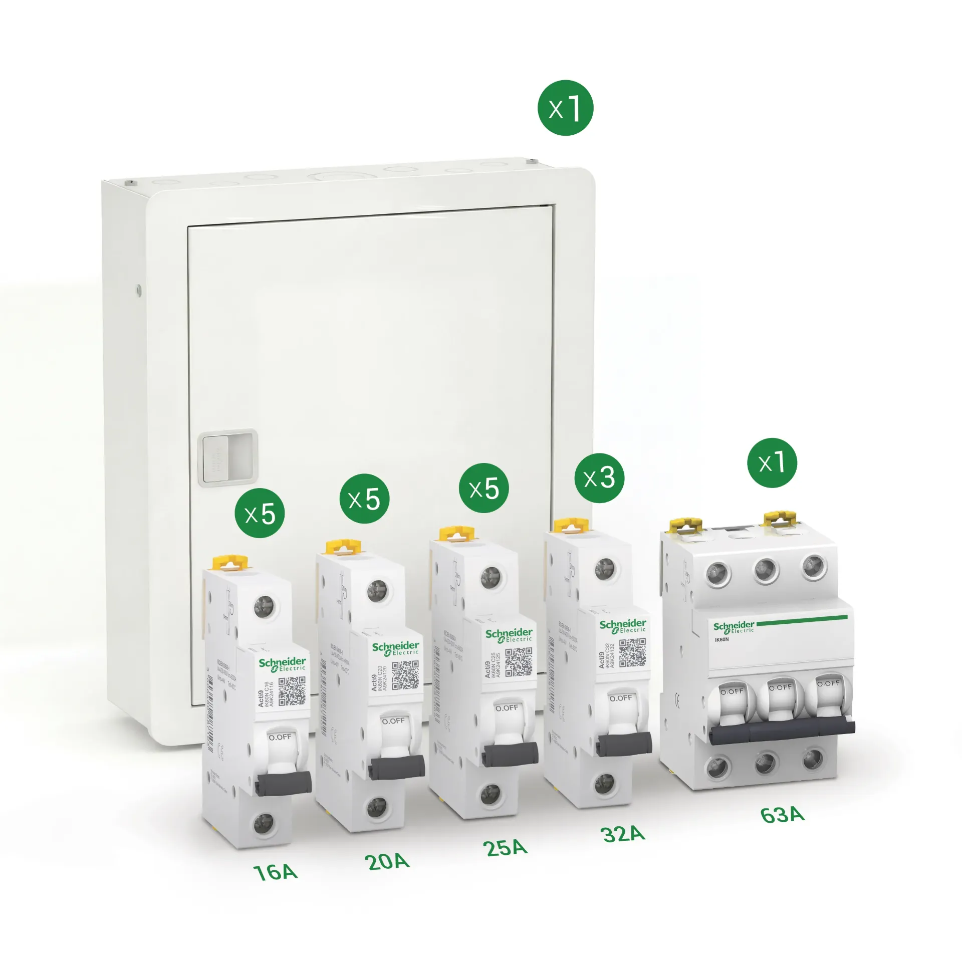 Schneider Electric Premium Finishing Package | Acti9 Disbo 18-Way Board + 18 1P IK60 MCBs + 3P IK60 63A 6k