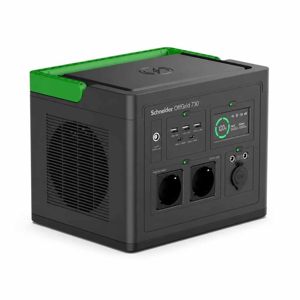 [PPS730-GR] محطة طاقة محموله 738 وات بطاريه ليثيوم ايون 230 فولت بشاشه LCD مخارج شوكو شحن لاسلكى و منافذ متعدده شنايدر اليكتريك