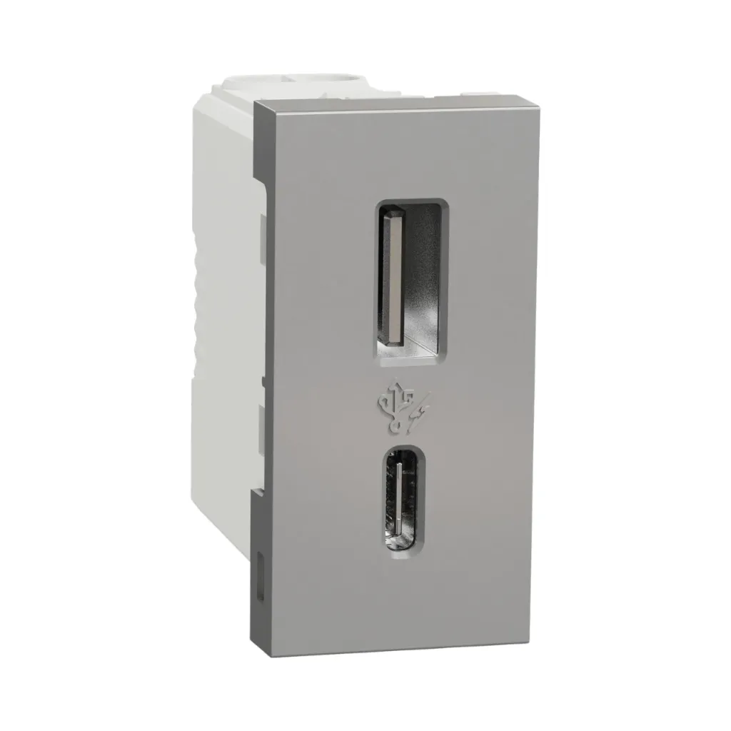 [NU301630] Schneider Electric USB Charger, New Unica, 1 Module, Type A+C, 12W, Aluminium