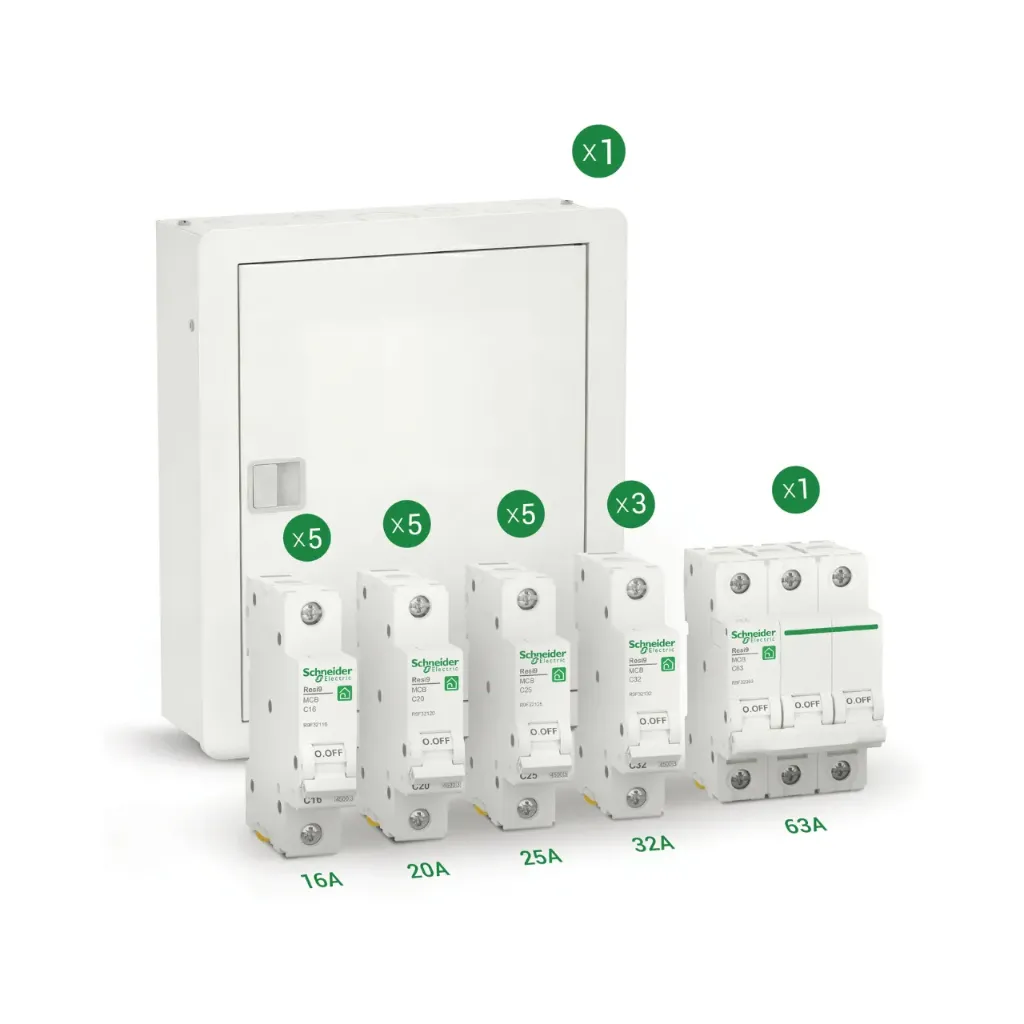 Schneider Electric Premium Finishing Package | Acti9 Disbo 18-Way Board + 18 Resi9 MCBs 4.5k + 1 Resi9 MCB 3P 4.5k
