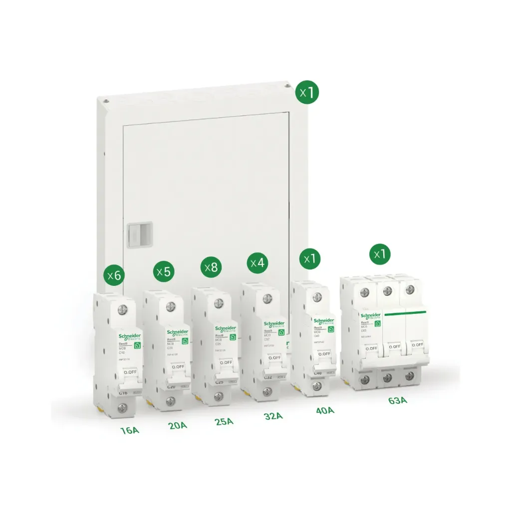 Schneider Electric Premium Finishing Package | Acti9 Disbo 24-Way Board + 24 Resi9 MCBs 4.5k + 1 Resi9 MCB 3P 4.5k