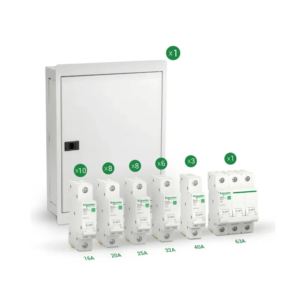 Schneider Electric Premium Finishing Package | Easy9 36-Way Board + 36 Resi9 MCBs 4.5k + 1 Resi9 MCB 3P 4.5k