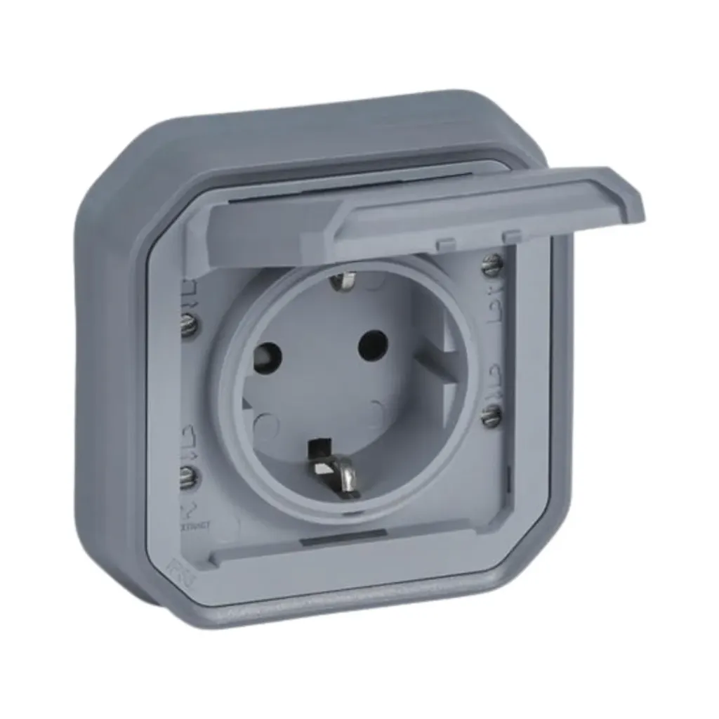 [069833] Legrand Plexo™ German Standard Socket Outlet With Screw Terminals Grey Flush Mounted IP55
