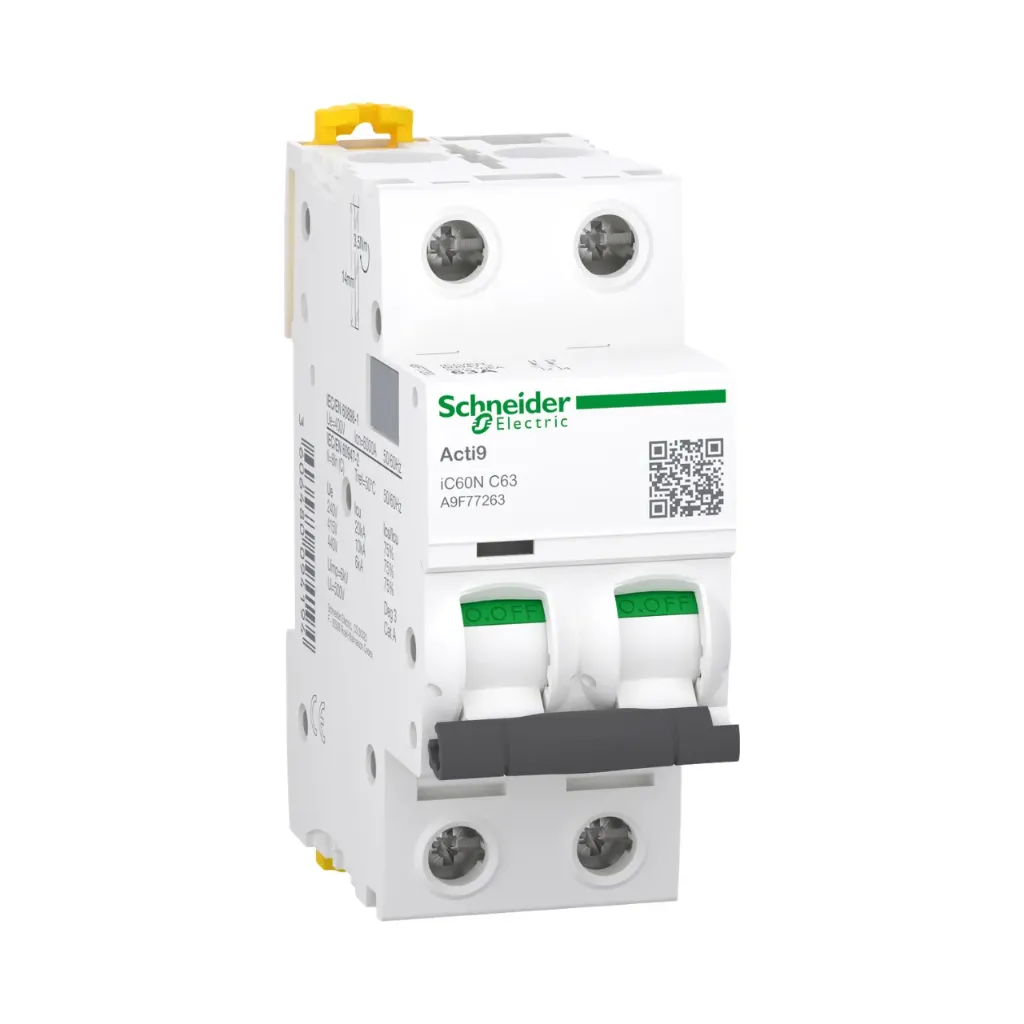 [A9F77263] Schneider Electric Miniature Circuit-Breaker, Acti9 iC60N, 2P, 63 A, C Curve, 6000 A (IEC 60898-1), 10 kA (IEC 60947-2)