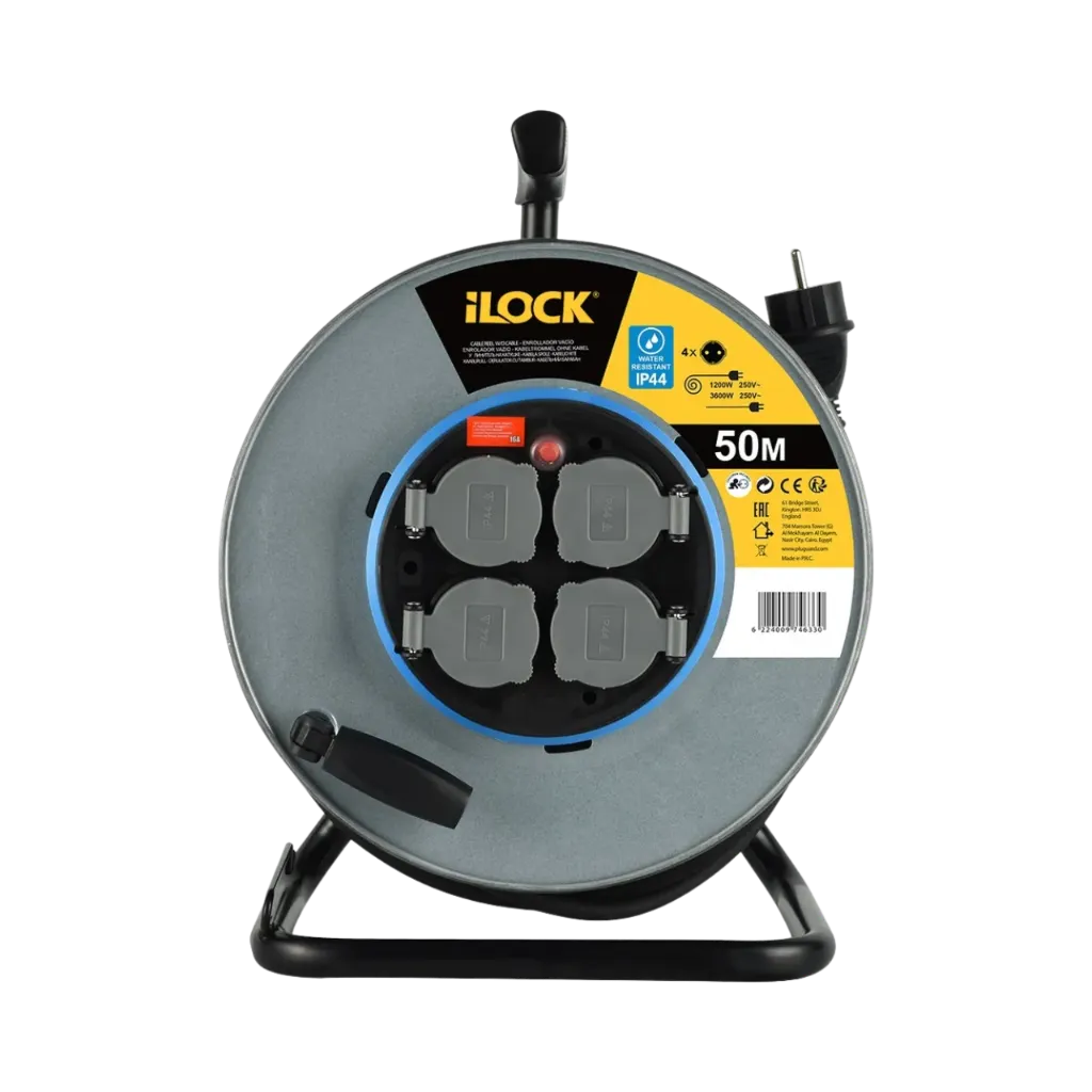 [6224009746569] iLock Aluminium Extension Cable Reel, 4 Schuko Socket 25 Meters Cable Extension Cord