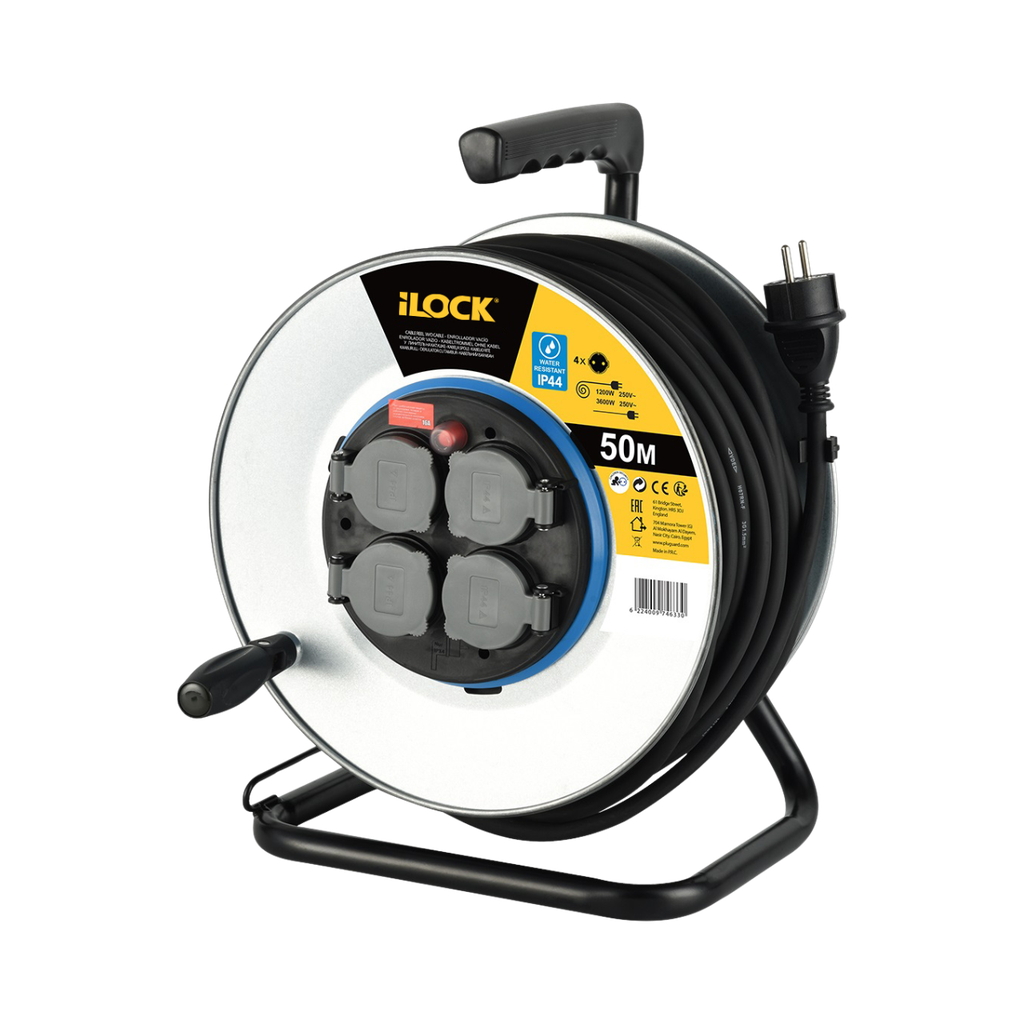 iLock Aluminium Extension Cable Reel, 4 Schuko Socket 50 Meters Cable Extension Cord