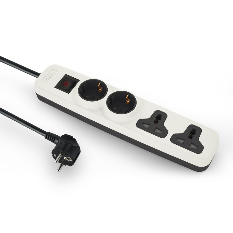 iLock 4 Outlet Power Strip, 2 Schuko Sockets + 2 Universal Sockets