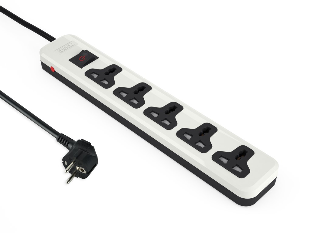 [6224009746507] iLock 5 Universal Outlet Power Strip With Overload Switch (White)