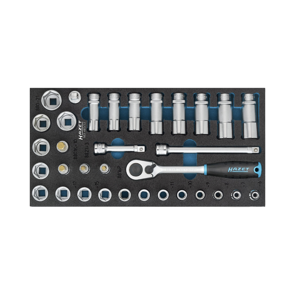 [163-483/33] Hazet Socket Set 3/8 inch,10 mm Square, Hollow Outside Hexagon Traction Profile, Inside Hexagon Profile 5-22, 33 Pieces