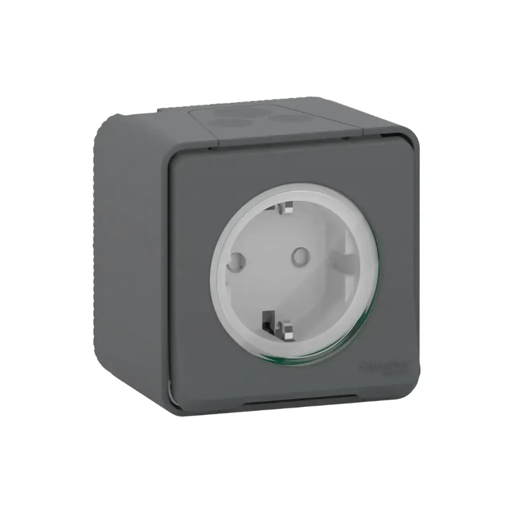 Schneider Electric Mureva Styl, Socket-Outlet - 16A, 250v 2P + E - Shutters and Side Earth, Surface Mounting Grey