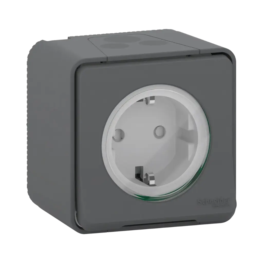 Schneider Electric Mureva Styl, Socket-Outlet - 16A, 250v 2P + E - Shutters and Side Earth, Surface Mounting Grey