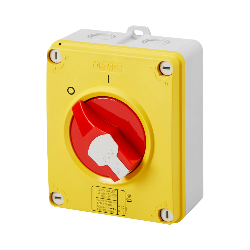 [GW70487P] Gewiss Rotary Isolator Switch - HP - Emergency - Isolating Material Box - 25A 3P - Lockable Red Knob - IP66/67/69