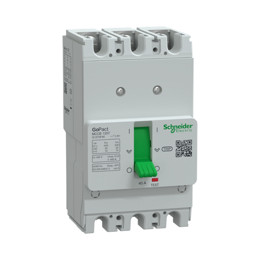 [G12T3F40] Schneider Electric Circuit Breaker, GoPact MCCB 125, 3 Poles, 10kA at 415VAC, 40A Rating, TMD Trip Unit, Fixed Thermal Protection