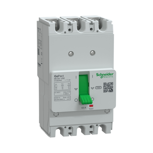 [G12E3F63] Schneider Electric Circuit Breaker, GoPact MCCB 125, 3 Poles, 15kA at 415VAC, 63A Rating, TMD Trip Unit, Fixed Thermal Protection