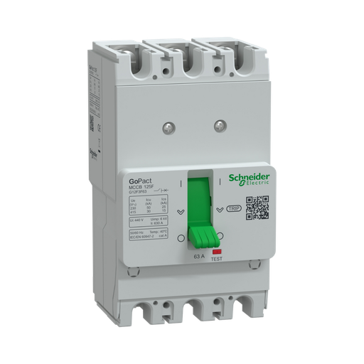 [G12F3F63] Schneider Electric Circuit Breaker, GoPact MCCB 125, 3 Poles, 30kA at 415VAC, 63A Rating, TMD Trip Unit, Fixed Thermal Protection