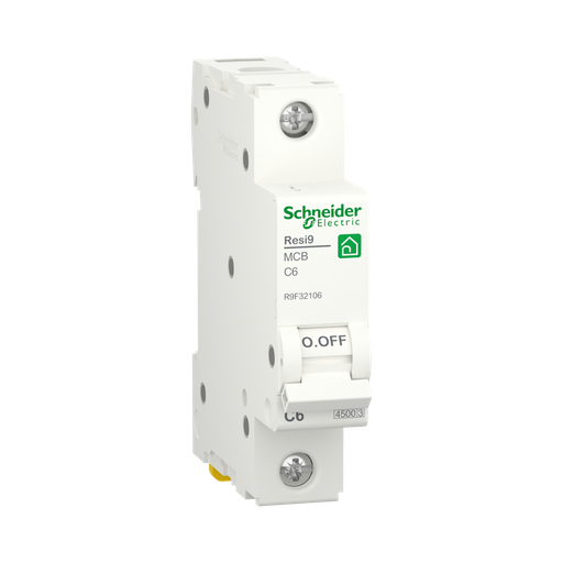 [R9F32106] Schneider Electric Miniature Circuit Breaker (MCB), Resi9, 1P, 6A, C Curve, 4500A (IEC/EN 60898-1)
