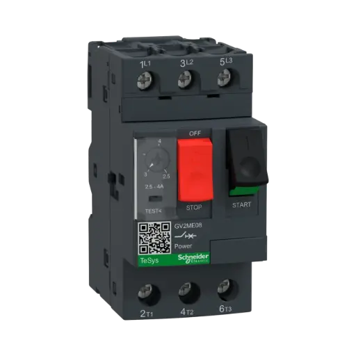 [GV2ME08] Schneider Electric Motor Circuit Breaker, TeSys Deca, 3P, 2.5 to 4A, Thermal Magnetic, Screw Clamp Terminals, Button Control 