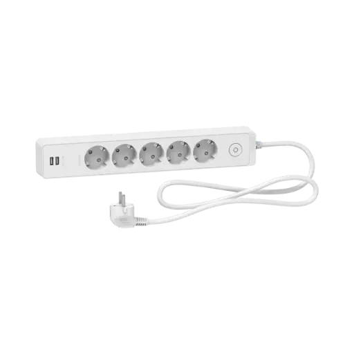 [ST945U1W] Schneider Electric Trailing Lead, Unica Extend, 5 Schuko, USB type A+A, 1.5m Cable, White 