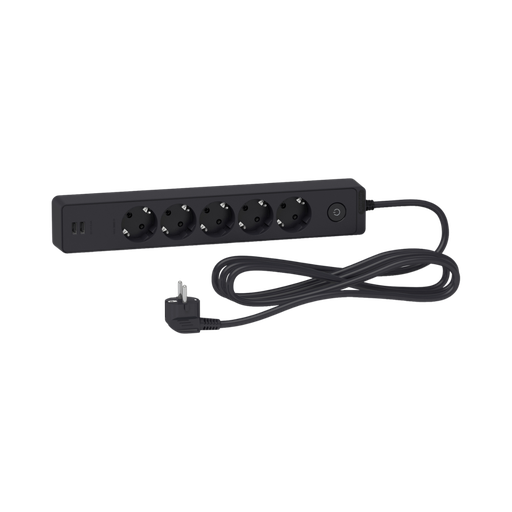 [ST945U3B] Schneider Electric Trailing lead, Unica Extend, 5 Schuko, USB Type A+A, 3m Cable, Anthracite 