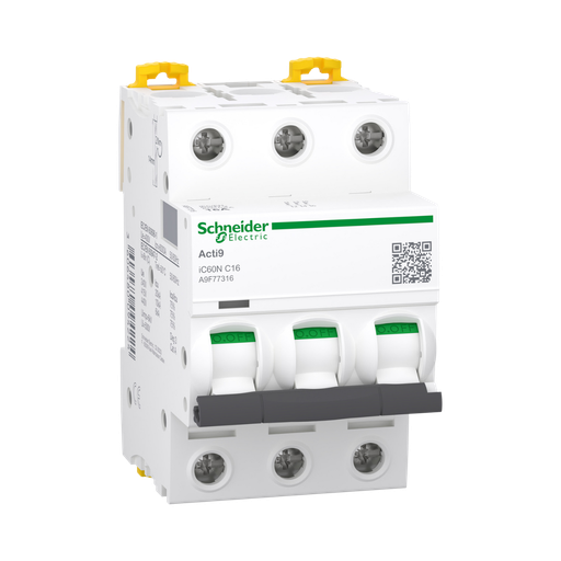 [A9F77316] Schneider Electric Miniature Circuit-Breaker, Acti9 iC60N, 3P, 16 A, C Curve, 6000 A (IEC 60898-1), 10 kA (IEC 60947-2) 
