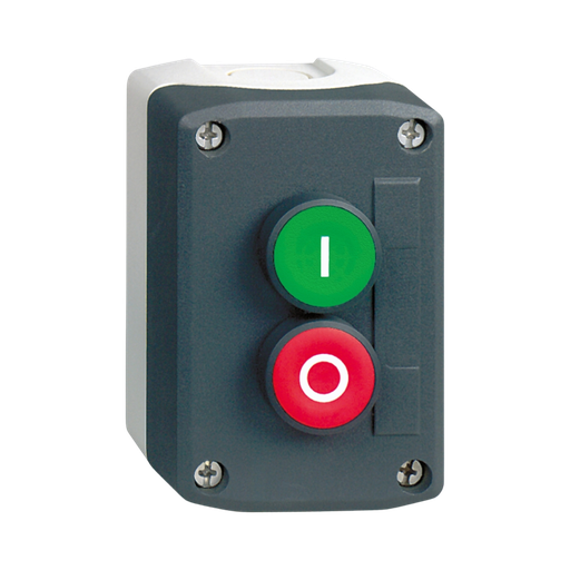 [XALD213] Schneider Electric Control Station, Plastic, Dark Grey lid, 2 Flush Push Buttons Ø22, Marked I O, 1 NO + 1 NC 